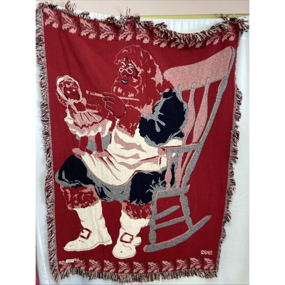 Vintage 1992 Christmas Tapestry Woven Throw Blanket Santa Doll Cozy 48 x 67 in - Picture 5 of 11